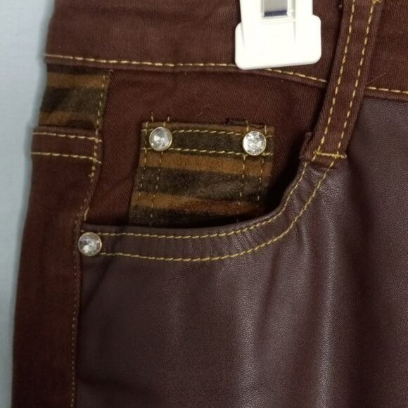 Moto Biker Pants 29 x 30 Womens Premium Brown Faux Leather Skinny Steampunk - Picture 7 of 15